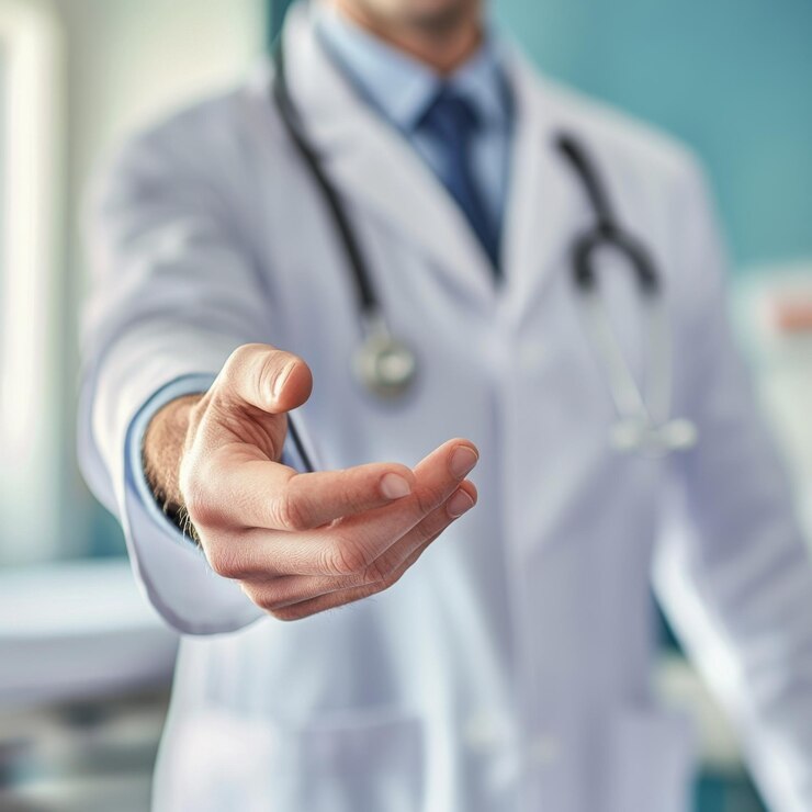 medico extiende mano busca ayuda frente al edificio hospital medico lleva bata blanca laboratorio estetoscopio calida expresion profesional para ibt salud